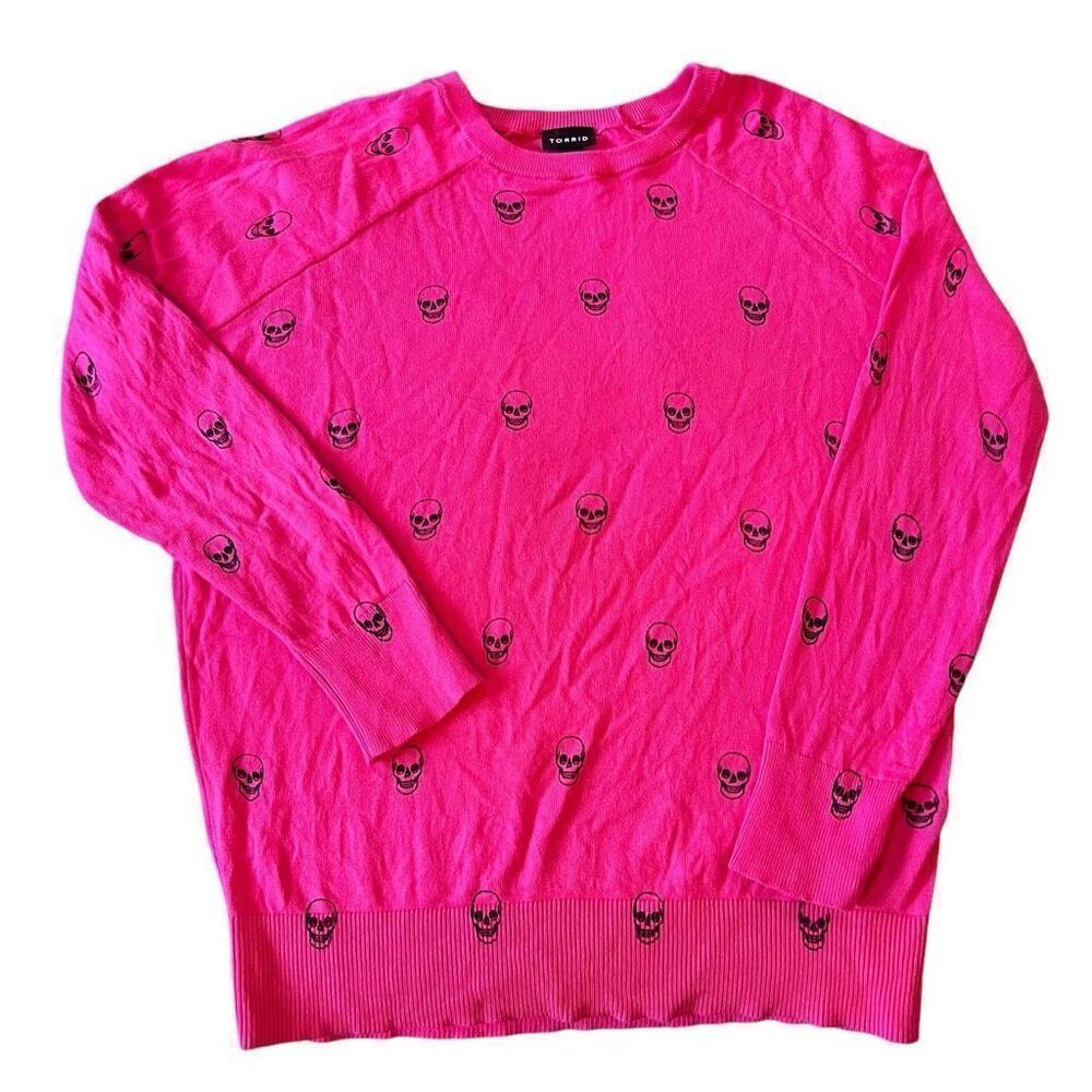 Torrid Skull Print Crew Neck long Sleeve Cotton Pullover Sweater Pink Size 00